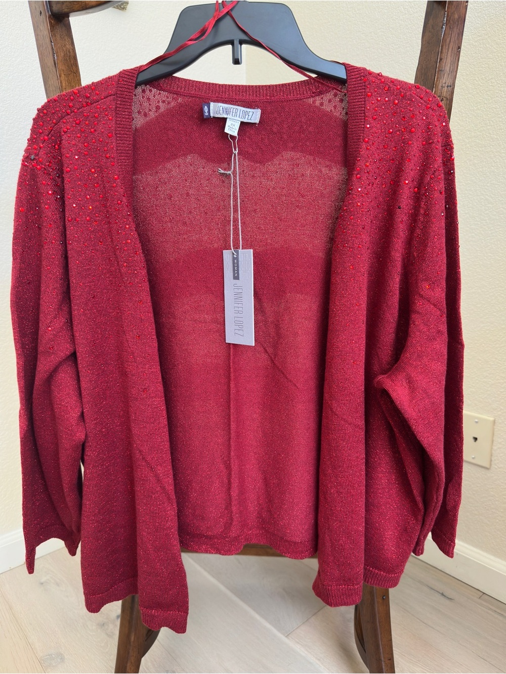 NWT Jennifer Lopez Burgundy Open-Front Beaded Cardigan